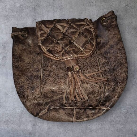 Sirimiri Leather Brown Backpack Distressed BOHO Look Tassels Cotton Lining Nwt main image 5